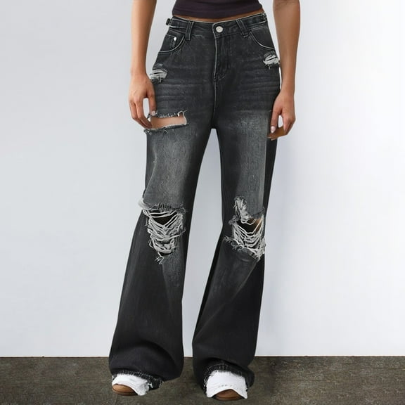 BLOCLOALO Flare Pants Denim Pants Women Jeans High Waist Embroidered Jeans Women Hole Baggy Jeans Stretch Pants Ripped Jeans Pants Trendy Grey L