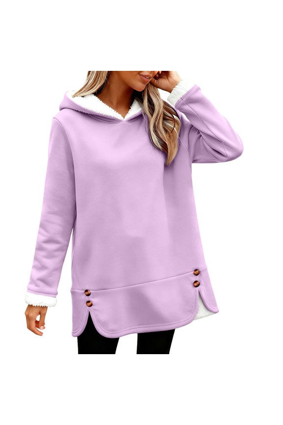 Fleece Lined Pullover Hooded Sweatshirt Long Sleeve Casual Warm Fuzzy Pullover Winter Clothes Plus Size Jackets Coat Long Outfits Purple M