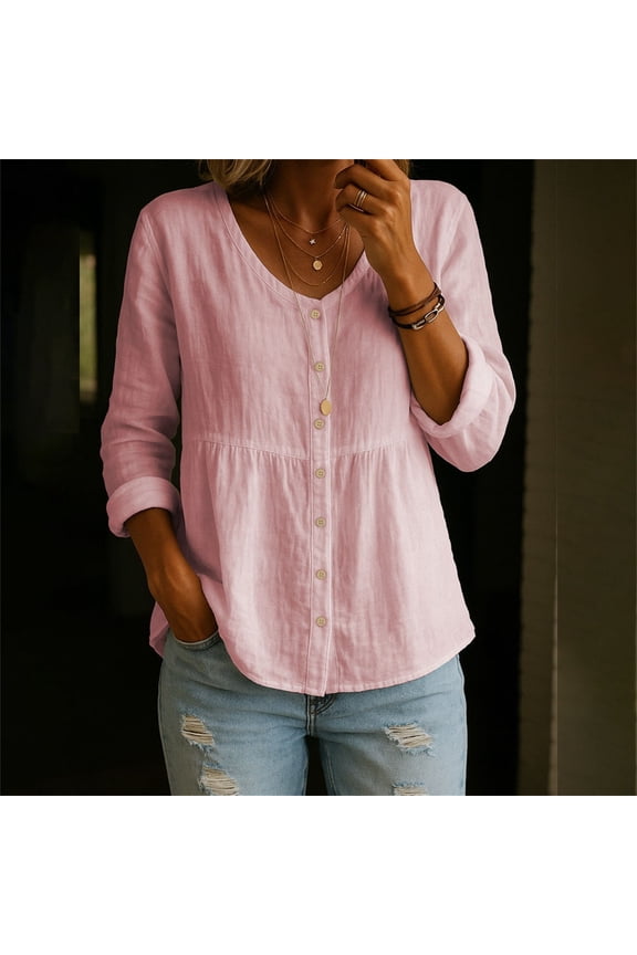 Flowy Tops Button Down Shirts Women's Cotton Linen Shirt Tops Casual Crew Neck Long Sleeve Button Down Tee Shirt Blouses V Neck Blouses for Women Cotton Blouse Womens Blouses Casual Pink Xl