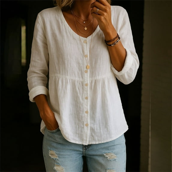 BLOCLOALO Flowy Tops Button Down Shirts Women's Cotton Linen Shirt Tops Casual Crew Neck Long Sleeve Button Down Tee Shirt Blouses V Neck Blouses for Women Cotton Blouse Womens Blouses Casual White L