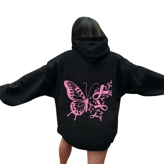 BLOCLOALO Graphic Hoodies Breast Cancer Awareness Ribbon Printed Drawstring Hoodie Sweatshirt Casual Oversized Long Sleeve Streetwear Pullover Black L