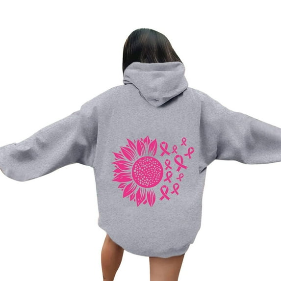 BLOCLOALO Graphic Hoodies Ribbon Sweatshirt Cancer Fight Awareness Pullover Faith Casual Long Sleeve Coat Outwear Grey Xl