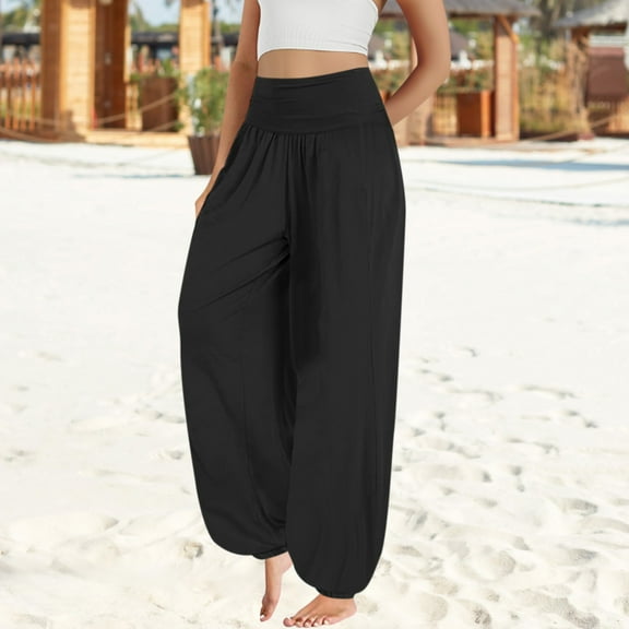 BLOCLOALO Harem Pants High Waisted Pants Trendy Boho Women Casual High Smocked Waist Yoga Pants Plus Size Loose Daily Lightweight Joggers Wide Leg Pants Loose Pants Comfortable Pants Black 3Xl