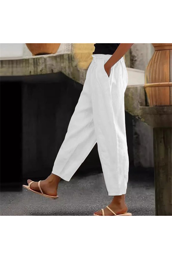 Harem Pants Linen Pants Elastic Waist Band Pocket Pants Side Buttons Nine Point Pants Loose Casual Pants Straight Leg Pants High Waisted Pants Wide Leg Pants Cropped Pants White S