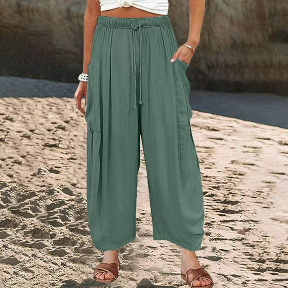 BLOCLOALO Harem Pants Linen Pants Womens Elastic Waisted Pleated High Waisted Loose Casual Cotton and Linen Cropped Pants Beach Casual Pants Wide Leg Pants Pleated Pants Lightweight Pants Green S