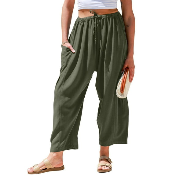 BLOCLOALO Harem Pants Linen Pants Womens Linen Wide Leg Pants Casual Loose Summer Beach Travel Vacation Palazzo Harem Pants with Pockets Elastic Waist Pants Cropped Pants Pants Trendy Green S