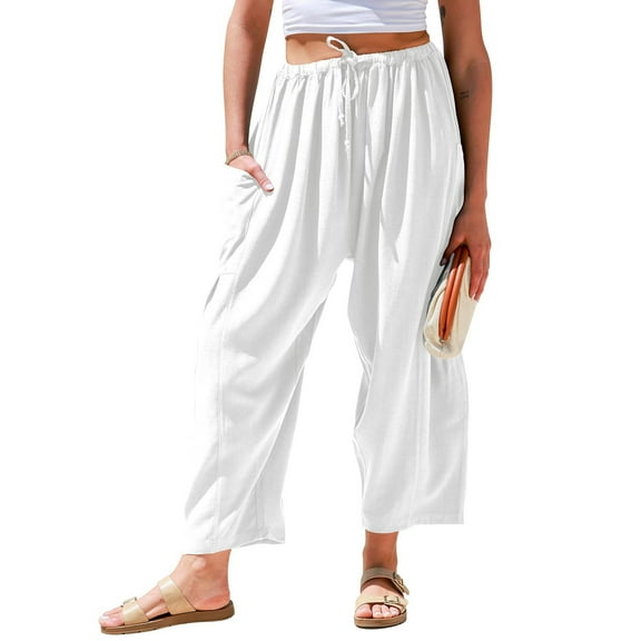 BLOCLOALO Harem Pants Linen Pants Womens Linen Wide Leg Pants Casual Loose Summer Beach Travel Vacation Palazzo Harem Pants with Pockets Elastic Waist Pants Cropped Pants Pants Trendy White M