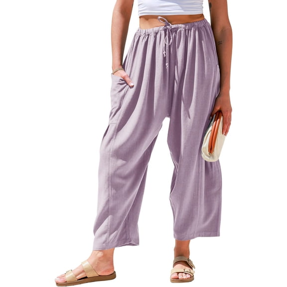 BLOCLOALO Harem Pants Linen Pants Womens Linen Wide Leg Pants Casual Loose Summer Beach Travel Vacation Palazzo Harem Pants with Pockets Elastic Waist Pants Cropped Pants Pants Trendy Purple M