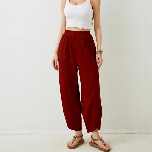 BLOCLOALO Harem Pants Wide Leg Pants Casual Cotton Sweatpants with Pockets Crossed Cuffs Loose Straight Leg Cropped Pants Elastic Waist Pants Pajama Pants Joggers for Women Red S