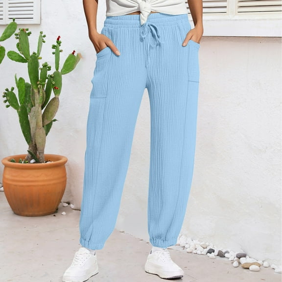 BLOCLOALO Harem Pants Wide Leg Pants Women's Linen Wide Leg Pants Casual Loose High Waist Beach Haren Pants Pockets Elastic Waist Pants Pajama Pants Pants with Pockets Sky Blue 5Xl