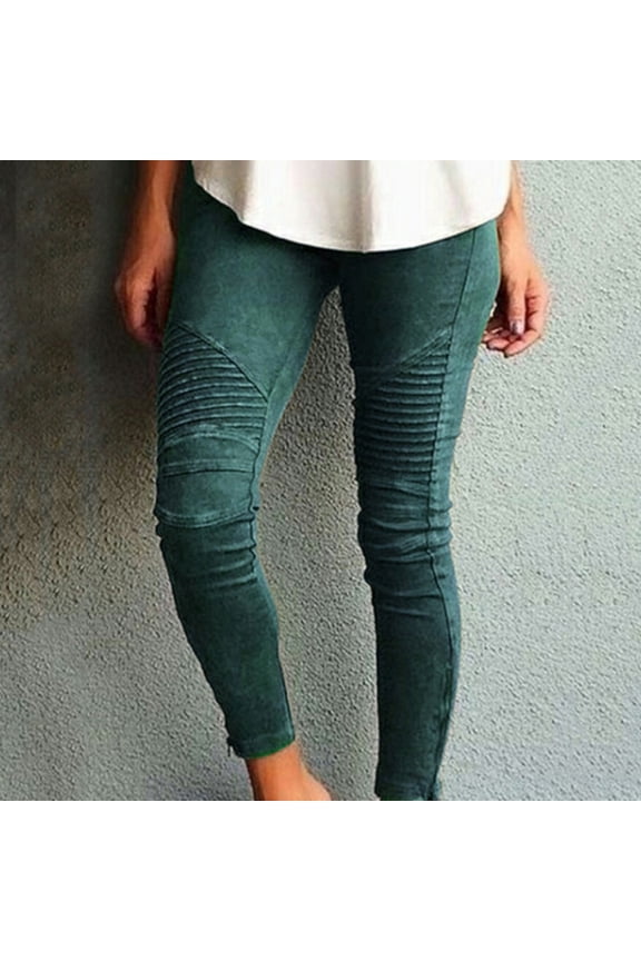 Leggings Athletic Pants Women's Moto Jegging Biker Skinny Ankle Zipper Pleated Waist Pencil Pants Pull On Soft Trousers Stretch Pants Elastic Waist Pants Comfortable Pants Green S