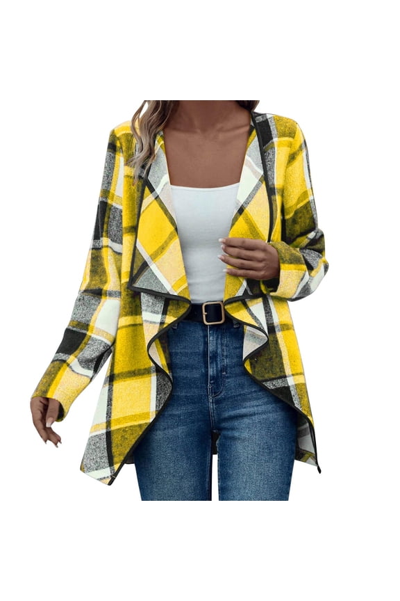 Lightweight Cardigans Open Front Cardigan Plaid Mid Length Cardigan Casual Long Sleeve Work Blouses Fall Jacket Business Outwear Duster Cardigan Soft Cardigans Fitted Cardigan Yellow Xxl