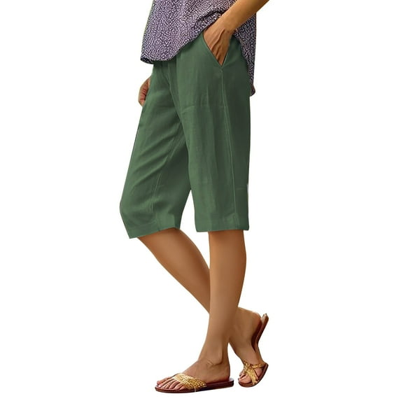 BLOCLOALO Linen Capri Pants for Women Bermuda Shorts Knee Length Dressy Causal Elastic Waist Linen Shorts Gauze Long Shorts Summer Beach Linen Gauze Pants Gauze Linen Shorts Green Xl