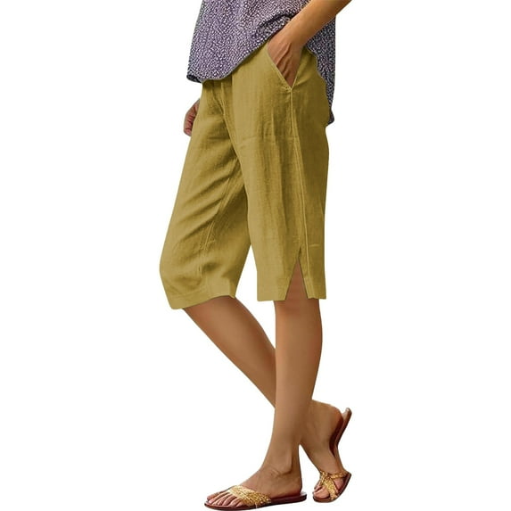 BLOCLOALO Linen Capri Pants for Women Bermuda Shorts Summer Casual Lounge Outfits Comfy Lounge Wide Leg Short Beach Shorts for Women Knee Length Summer Capris Cotton Linen Shorts Gold Xl