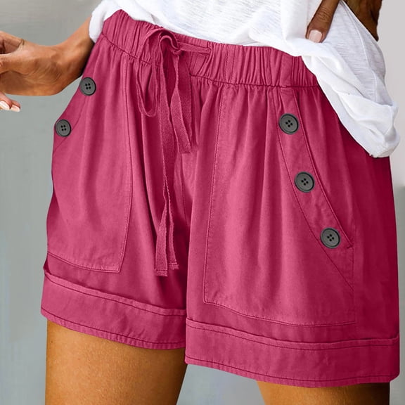 BLOCLOALO Linen Shorts Plus Size Shorts Women's Summer Large Size Solid Color Elastic Decorative Buttons Pocket Casual Shorts Elastic Waist Shorts Shorts with Pockets Drawstring Shorts Hot Pink 4Xl