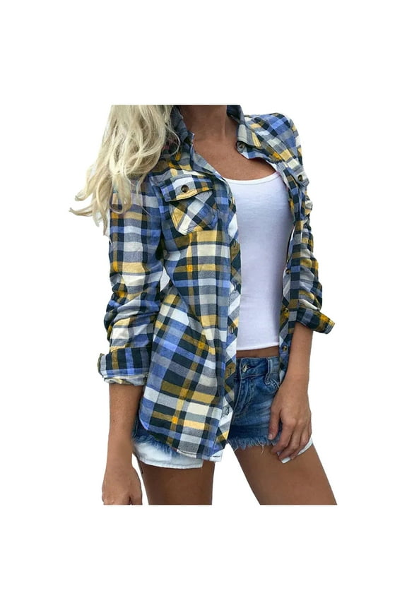 Long Sleeve Cardigan Button Up Sweaters Women Fashion Lapel Digital Plaid Printed Pocket Long Sleeves Button Cardigan Blouse Tops Collared Shirts Lightweight Cardigans Soft Cardigans Blue M