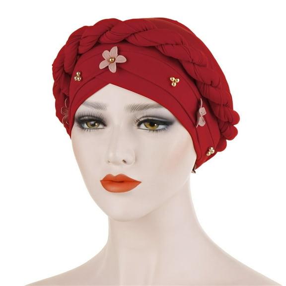 BLOCLOALO Muslim Small Cap with Flower Nail and Golden Pearl Head Cap Braided Hair Headscarf Cap Dough Braid Hearband Hat Red One Size