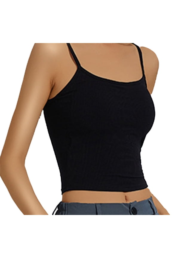 Padded Cami Tank Tops with Built in Bras for Women Ribbed Shelf Bra Crop Top Slim Fit Spaghetti Strap Cami Vest Scoop Neck Tank Tops Adjustable Cami Tank Sleeveless Basic Shirt Black Xs