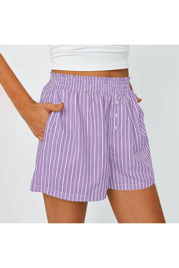 Pajama Shorts Lounge Shorts Women's Fashion Queen Shorts 2025 Summer Striped Pajamas Pants Striped Shorts Belt Casual Shorts Stretch Shorts Loose Shorts Shorts with Pockets Purple M