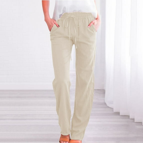 BLOCLOALO Pantalones Para Mujer Linen Pants Cotton Pants Lightweight Summer Relax Fit Elastic Waist Plus Size Solid Long Trousers Pants with Pockets Pants Elastic Waist Casual Pants Beige L