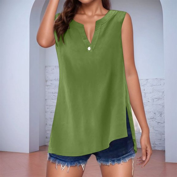 BLOCLOALO Sleeveless Tops Button Down Shirts Summer Tops for Women Trendy Sleeveless Cotton Linen Tank Top Casual Button V Neck Tunic Blouses V Neck Blouses Cotton Blouse Blouses Casual Green Xxl