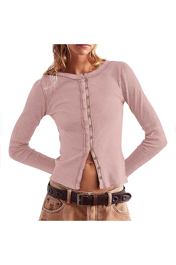 Slim Fitted Cardigan Button Down Shirt Women's Slim Cardigan Ribbed Knit Button Down Shirt Long Sleeve Crewneck Tops Blouse Going Out Tops Tube Tops 0 0 Pink S