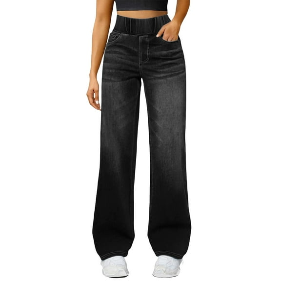 BLOCLOALO Straight Leg Jeans Dress Pants Denim Pants High Waisted Pants Stretch Pants Elastic Waist Pants Loose Pants with Pockets Elastic Pants for Women Casual Pants for Women Travel Pants Black M