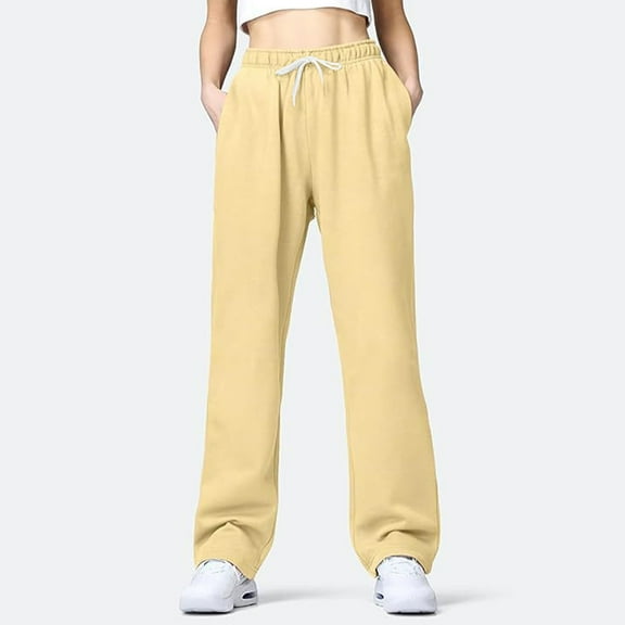 BLOCLOALO Sweatpants Wide Leg Pants Women's Autumn and Winter Solid Color Sports Pants Casual Loose Wide Straight Pants Elastic Waist Pants Straight Leg Pants Drawstring Pants Yellow Xxl