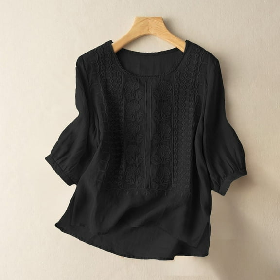 BLOCLOALO T Shirts Blouses Casual Women's Fashionable Casual Solid Color Pleated Cotton and Linen Tops Shirts and T Shirts 3/4 Length Sleeve Womens Tops Cotton Blouse Embroidered Tops Black Xl