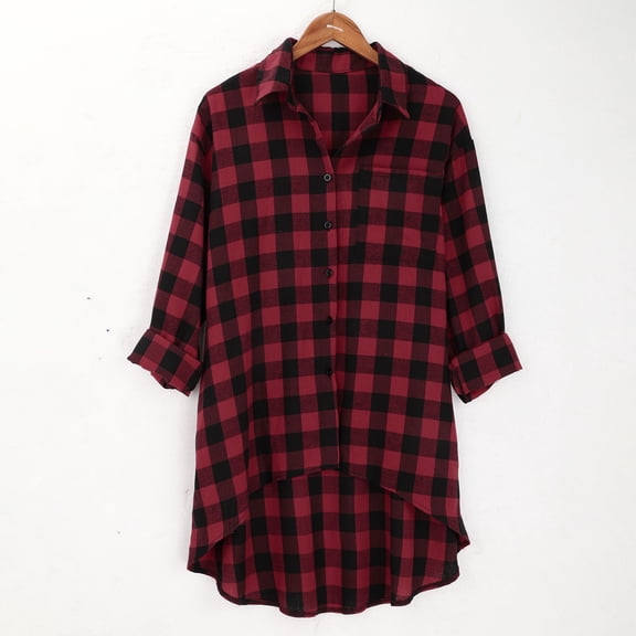 BLOCLOALO T-Shirts Button Down Shirts Cardigans for Women 2025 Plus Size Fall Fashion Open Front Roll Up Sleeve Button Down Plaid Shirts Casual Tops Loose Fitting Tops Basic Tee Long Blouses Red S