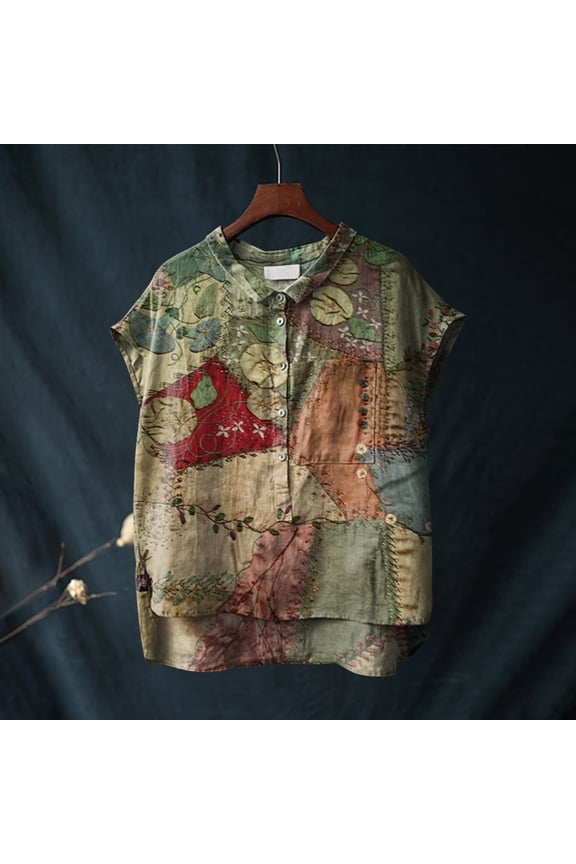 T-Shirts Button Down Shirts Cute Tops for Women Collar Non Sleeve Linen Shirts Plus Size Floral Blouses Casual Summer Clothes Tunic Tops Loose Fitting Tops Sleeveless Blouse Beige L