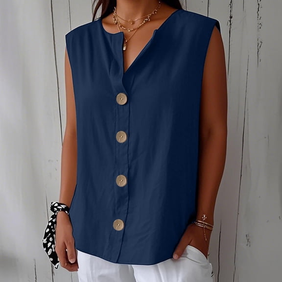 BLOCLOALO T-Shirts Button Down Shirts Linen Shirts Summer Cotton Linen V Neck Tops Loose Vacation Beach Solid Blouses Tunic Tops Loose Fitting Tops Cotton Linen Blouse Sleeveless Blouse Navy 4Xl