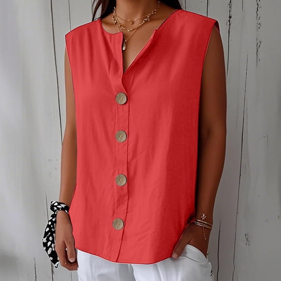 BLOCLOALO T-Shirts Button Down Shirts Linen Shirts Summer Cotton Linen V Neck Tops Loose Vacation Beach Solid Blouses Tunic Tops Loose Fitting Tops Cotton Linen Blouse Sleeveless Blouse Orange M