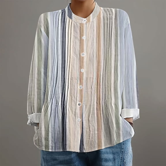BLOCLOALO T-Shirts Button Down Shirts Pleated Shirt Front Pleats Soft Linen Like Fabric Easy Regular Fit Elegant Design Features Striped Shirt Loose Fitting Tops Long Sleeve Blouse Black S