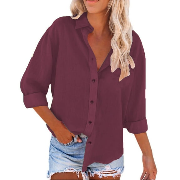 BLOCLOALO T-Shirts Button Down Shirts Spring Summer Solid Color Shirt Button Down Shirt Loose Fit Vacation Beach Workwear Tops Clothes Linen Tops Loose Fitting Tops Long Sleeve Blouse Wine Xxl