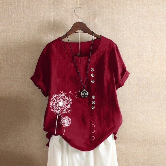 BLOCLOALO T-Shirts Button Down Shirts T-Shirt Loose Button Casual Boho Size Plus Tanic Tops Daily Blouse Womens Women's Blouse Loose Fitting Tops Loose Fitting Tops Oversized Tshirts for Women Red Xl