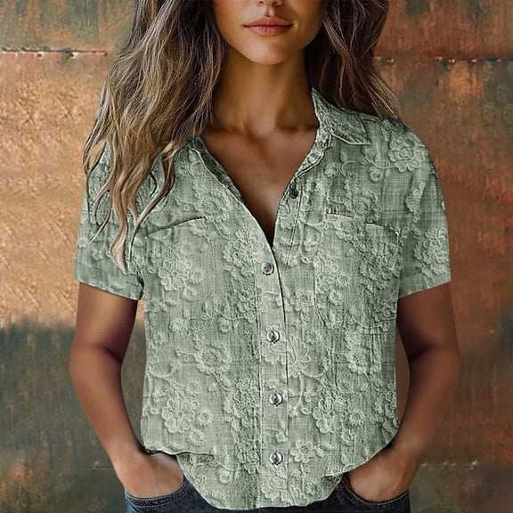 BLOCLOALO T-Shirts Button Down Shirts Women Cotton Shirt Printed Fashion Down Shirts Casual Tops Short Sleeve Blouse Work Tops Tunic Tops Trendy Tops Green L