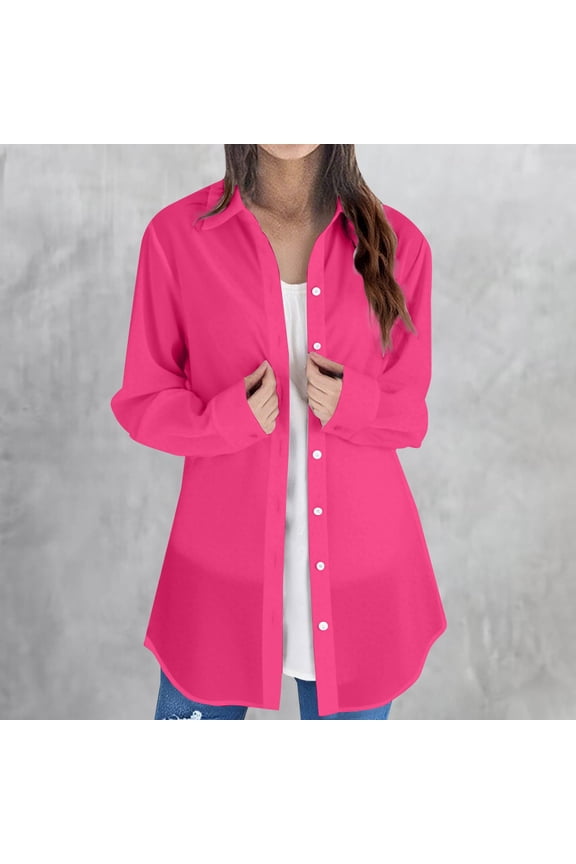 T-Shirts Button Down Shirts Women Long Sleeve Solid Color Tops Long Loose Thin Plus Size Shirts Blouses Tops Womens Blouses Casual Loose Fitting Tops Basic Tees for Women Hot Pink 3Xl