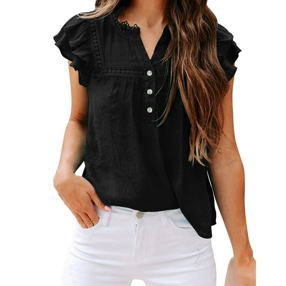 BLOCLOALO T-Shirts Button Down Shirts for Women Summer New Ruffled Sleeveless Loose and Comfortable Pullover Fashionable Women's Shirt Work Tops for Women Tunic Tops Sleeveless Blouse Black 3Xl
