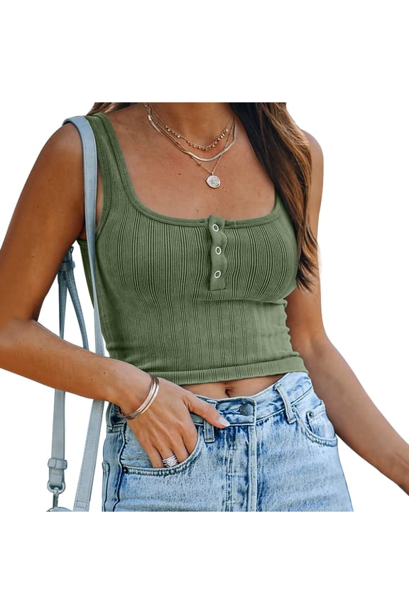 T-Shirts Button Down Shirts for Women Womens Solid Crop Top U Neck Sleeveless Cropped Tank Tops Womens Blouses Casual Crop Tops Going Out Tops Army Green S