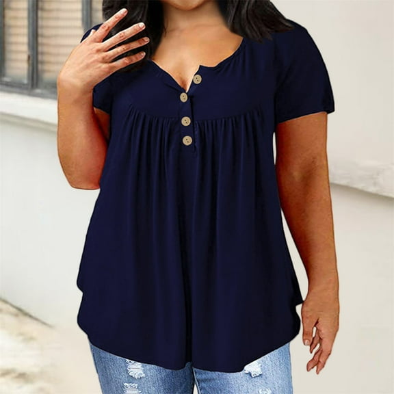 BLOCLOALO T Shirts Flowy Tops 2025 Summer New Plus Size Women's Clothing Slimming Belly Covering Loose Short Sleeved Top Plus Size T Shirt Short Sleeve Shirts Trendy Tops Summer Blouses Navy L