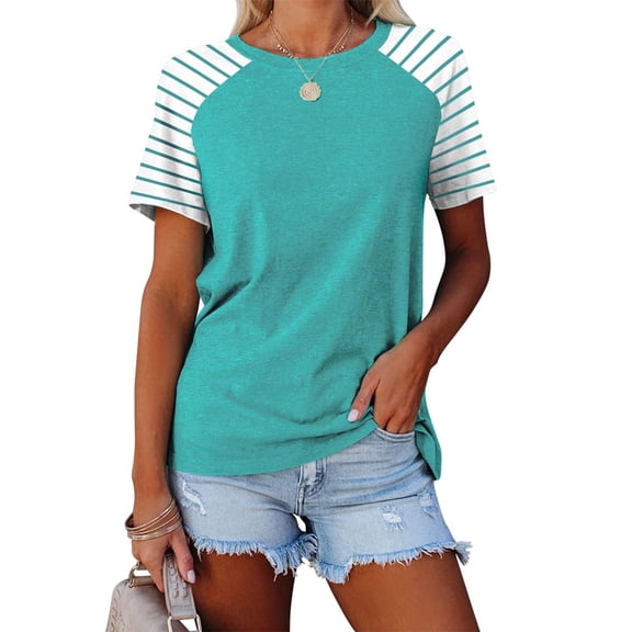 BLOCLOALO T Shirts for Women Womens Blouses Casual Women's Round Neck Patchwork Striped Color Block Loose Casual Short Sleeved T Shirt Striped Shirt Women Tunic Tops Summer Tops Mint Green M