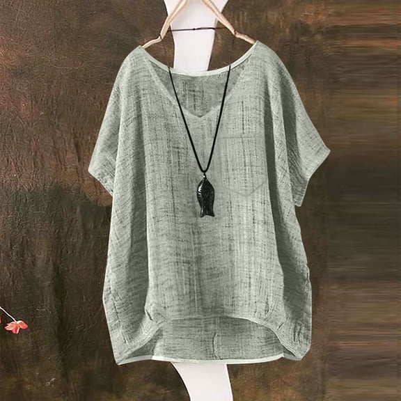 BLOCLOALO T Shirts Women's Blouses Casual Loose Button Shirt Top Stand Solid Color Sleeve Collar Casual Women's Shirt Women's Shirt Short Sleeve Blouses Cotton Linen Tops Summer Tops Grey 4Xl
