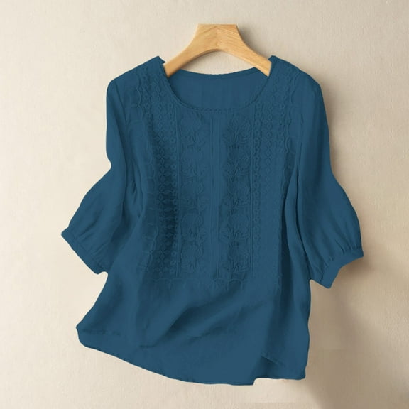 BLOCLOALO T Shirts Womens Blouses Casual Women's Fashionable Casual Solid Color Pleated Cotton and Linen Tops Shirts and T Shirts 3/4 Length Sleeve Womens Tops Cotton Blouse Summer Tops Navy M