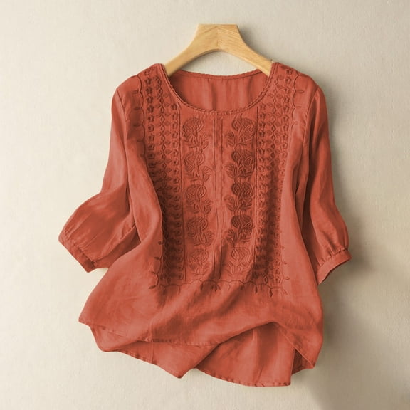 BLOCLOALO T Shirts Womens Blouses Casual Women's Fashionable Casual Solid Color Pleated Cotton and Linen Tops Shirts and T Shirts 3/4 Length Sleeve Womens Tops Cotton Blouse Summer Tops Orange M