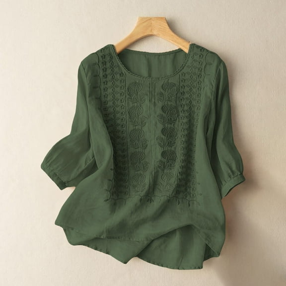 BLOCLOALO T Shirts Womens Blouses Casual Women's Fashionable Casual Solid Color Pleated Cotton and Linen Tops Shirts and T Shirts 3/4 Length Sleeve Womens Tops Cotton Blouse Summer Tops Green Xl
