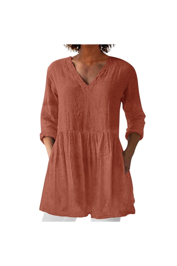 Tunic Tops Flowy Tops for Women Women's Spring and Summer New Cotton and V Neck Mid Sleeve Mid Length T Shirt V Neck Blouses for Women Cotton Blouse Tops for Women Trendy Watermelon Red Xxl