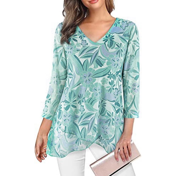 BLOCLOALO Tunic Tops Flowy Tops Women's Casual Boho Solid Tops Floral Print V Neck Irregular Long Sleeve T Shirt Blouses V Neck Blouses Cheap Blouses for Women Tops for Women Trendy Mint Green S