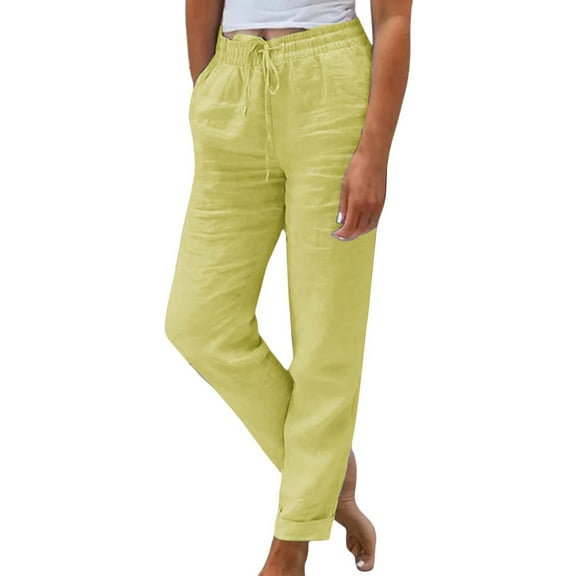 BLOCLOALO Wide Leg Pants Casual Pants Cotton Linen Pants Trendy Pants Lounge Pants Sweatpants Drawstring Pants with Pockets Stretchy Pants High Waisted Pants Running Pants Comfy Work Pants Yellow L