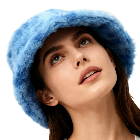 BLOCLOALO Winter Warm Colorful Plush Bucket Hats Tie-Dyed Patterned Trendy Faux Fur Fisherman Cap Fluffy Outdoor Thickened Headwear for Cold Weather Blue One Size